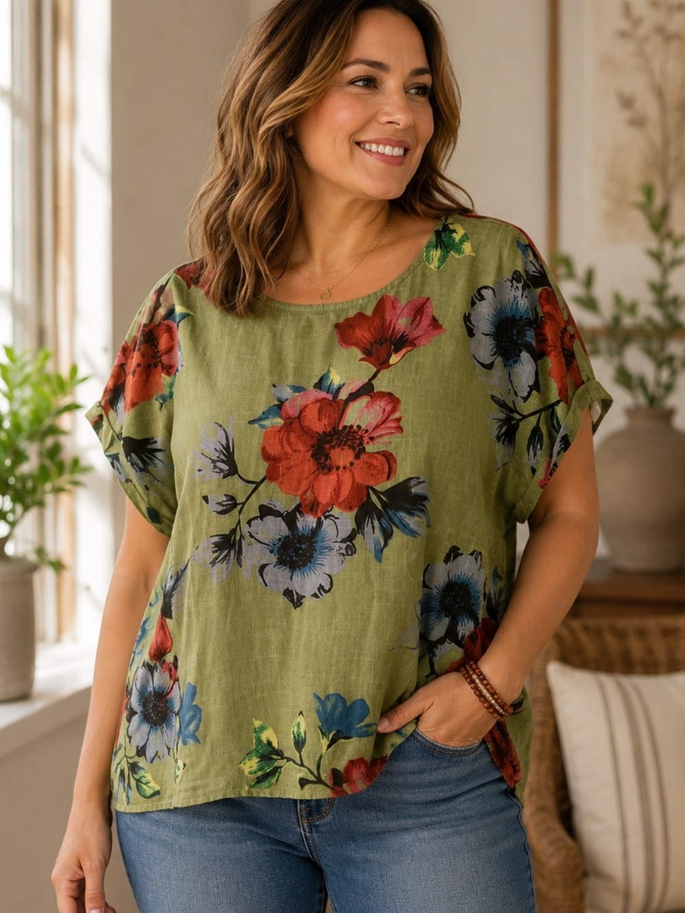 Linen Olive Green Floral Short Sleeve everyday top  red and blue blooms  1X